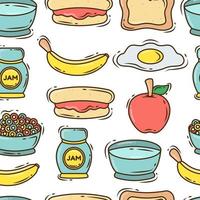 Set of hand drawn cartoon doodle breakfast items seamless pattern vector