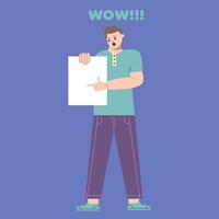 Illustration vector graphic of man cartoon character with paper holding pose in flat design. Business concept. Blue background. Perfect for business promotion, management,  marketing.