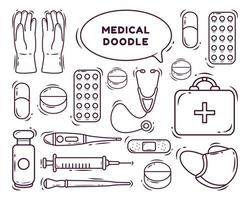 conjunto de dibujos animados médicos kawaii dibujados a mano estilo doodle para colorear vector