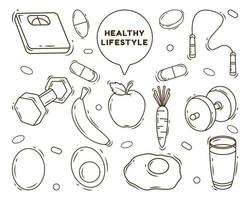 Set of hand drawn healthy lifestyle cartoon doodle style coloring vector