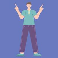 Illustration vector graphic of man cartoon character with pose of both hands pointing up in flat design. Business concept. Blue background. Perfect for business promotion, management,  marketing.