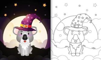 coloring book with a cute cartoon halloween witch koala front the moon vector