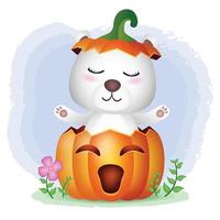 a cute polar bear in the halloween pumpkin vector