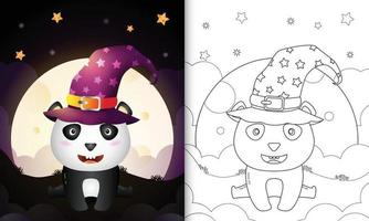 libro para colorear con una linda caricatura de halloween bruja panda frente a la luna vector
