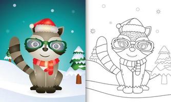 coloring book with a cute raccoon christmas characters with using santa hat and scarf vector