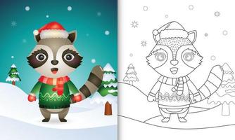 coloring book with a cute raccoon christmas characters with a santa hat, jacket and scarf vector