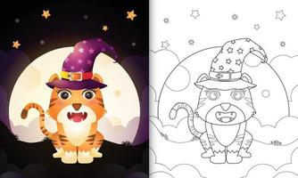 coloring book with a cute cartoon halloween witch tiger front the moon vector