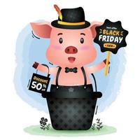 Black friday sale with a cute pig in the basket hold board promotion and shopping bag illustration vector