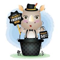 Black friday sale with a cute rhino in the basket hold board promotion and shopping bag illustration vector