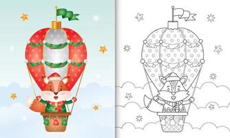 coloring book with a cute fox christmas characters on hot air balloon with a santa hat, jacket and scarf vector