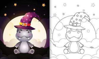 coloring book with a cute cartoon halloween witch hippo front the moon vector