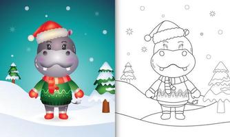 coloring book with a cute hippo christmas characters with a santa hat, jacket and scarf vector