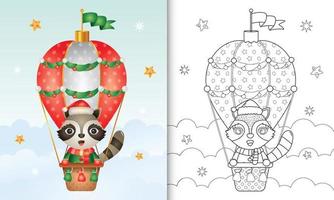 libro para colorear con un lindo mapache personajes navideños en globo aerostático con gorro de Papá Noel, chaqueta y bufanda vector