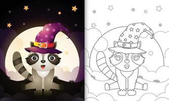 coloring book with a cute cartoon halloween witch raccoon front the moon vector