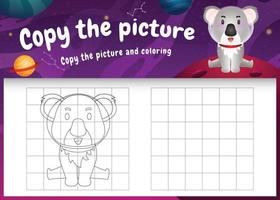 copy the picture kids game and coloring page with a cute koala in the space galaxy vector