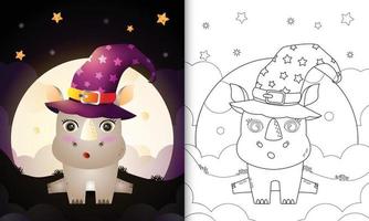 coloring book with a cute cartoon halloween witch rhino front the moon vector