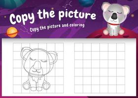 copy the picture kids game and coloring page with a cute koala in the space galaxy vector