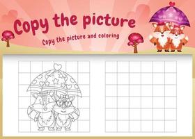 copia la imagen del juego de niños y la página para colorear con un lindo zorro usando un disfraz de San Valentín vector
