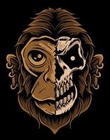 illustration monkey skull head on black background vector