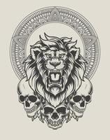 illustration lion head with skull monochrome style vector