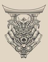 illustration wolf samurai head with monochrome style vector