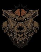 illustration dog head with skull vector