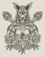 ilustración anubis con rosa y arma de martillo vector