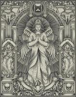 ilustración, ángel, rezando, con, vendimia, grabado, marco vector