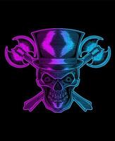 illustration neon skull head with ax weapon vector