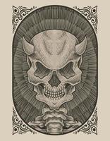 illustration skull demon with engraving style vector