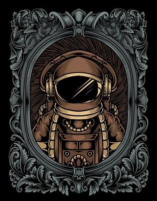 illustration astronaut with engraving ornament frame