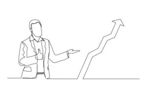 Continuous line drawing of standing business man show growing graphic diagram. Single one line art of business increase success progress. Vector illustration