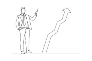 Continuous line drawing of standing business man show growing graphic diagram. Single one line art of business increase success progress. Vector illustration