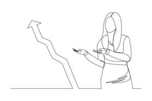 el dibujo de línea continua de una mujer de negocios de pie muestra un diagrama gráfico creciente. el arte de una sola línea de negocio aumenta el progreso del éxito. ilustración vectorial vector