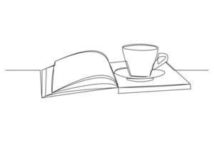 Continuous line drawing of an open book beside a cup of coffee at work desk. Writing draft business concept. Modern single one line art draw design vector graphic illustration