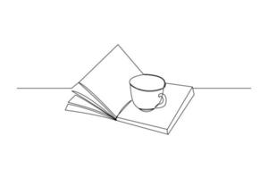 Continuous line drawing of an open book beside a cup of coffee at work desk. Writing draft business concept. Modern single one line art draw design vector graphic illustration