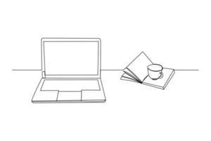 Continuous line drawing of stack of books line up with computer laptop, book and a cup of coffee. One line of study space desk concept. Single line draw design vector illustration