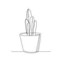 Continuous line drawing of cactus in pot. One lien art isolated white background of potted cactus. Vector illustration