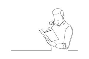 continuous line drawing of business man reading book and drinking cup of coffee. Single one line art of worker lifestyle. Vector illustration