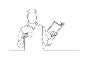 continuous line drawing of business man reading book and drinking cup of coffee. Single one line art of worker lifestyle. Vector illustration