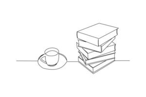 Continuous line drawing of a stack of book beside a cup of coffee at work desk. Writing draft business concept. Modern single one line art draw design vector graphic illustration