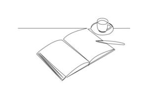 Continuous line drawing of an open book beside a cup of coffee at work desk. Writing draft business concept. Modern single one line art draw design vector graphic illustration