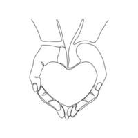 Continuous line drawing of hand holding love heart on white background. Single one line art of valentine. Vector illustration