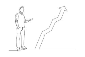 el dibujo de línea continua del hombre de negocios de pie muestra un diagrama gráfico creciente. el arte de una sola línea de negocio aumenta el progreso del éxito. ilustración vectorial vector
