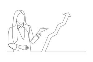 el dibujo de línea continua de una mujer de negocios de pie muestra un diagrama gráfico creciente. el arte de una sola línea de negocio aumenta el progreso del éxito. ilustración vectorial vector