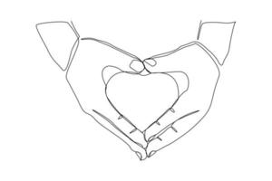 Continuous line drawing of hand holding love heart on white background. Single one line art of valentine. Vector illustration