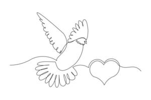 Continuous line drawing of dove symbol of love and piece. Single one line art of shape love and pigeon. vector illustration