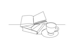 Continuous line drawing of an open book beside a cup of coffee at work desk. Writing draft business concept. Modern single one line art draw design vector graphic illustration