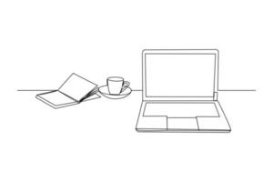 Continuous line drawing of stack of books line up with computer laptop, book and a cup of coffee. One line of study space desk concept. Single line draw design vector illustration