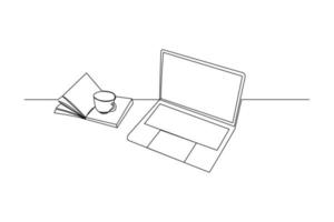 Continuous line drawing of stack of books line up with computer laptop, book and a cup of coffee. One line of study space desk concept. Single line draw design vector illustration